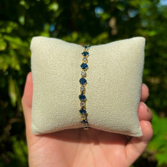 18K Gold Plated Stainless Steel Sapphire Blue & White Diamond Tennis Bracelet - Picture 4 of 5